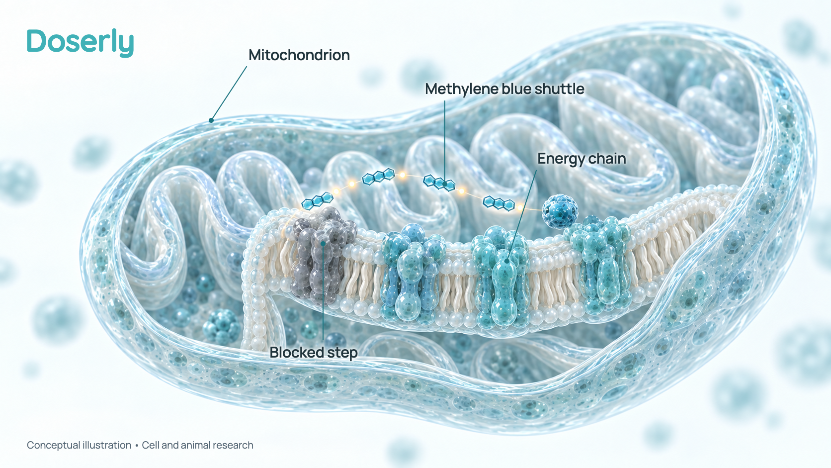 Conceptual illustration of a mitochondrion cut open to show its folded inner membrane, with small methylene blue molecules carrying electrons around a blocked step of the energy-making chain. It represents cell experiments, not a proven effect in people.