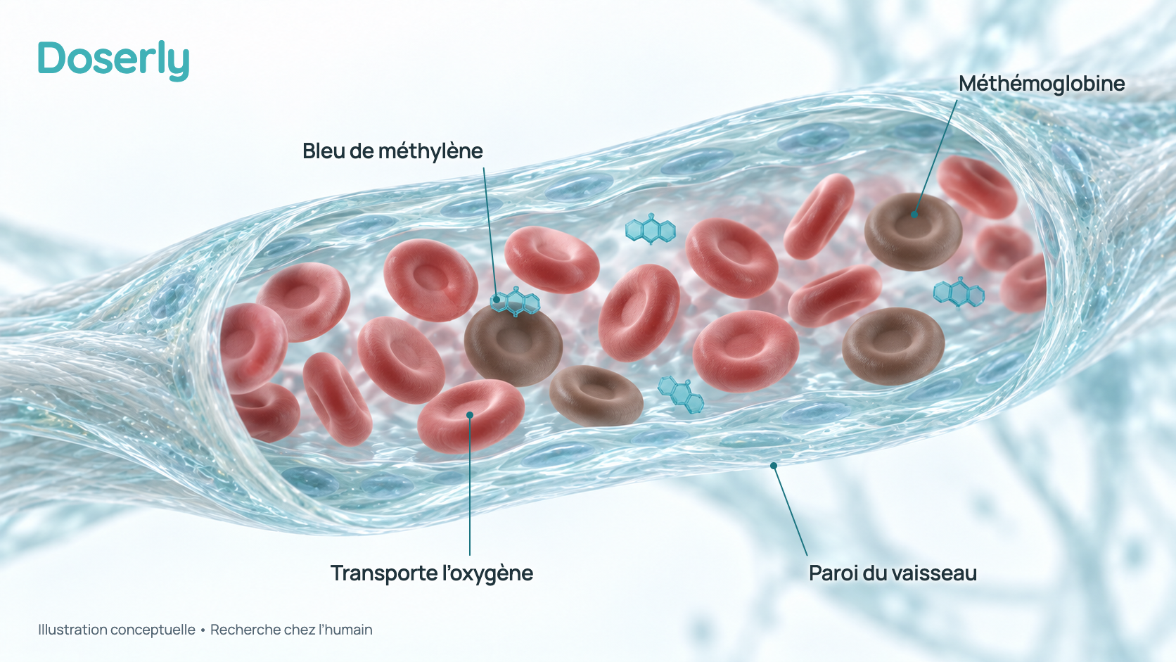 Illustration conceptuelle de globules rouges dans un petit vaisseau sanguin : la plupart sont rouges et transportent l’oxygène, quelques-uns sont brunâtres parce que leur hémoglobine s’est transformée en méthémoglobine, et de petites molécules de bleu de méthylène atteignent l’un d’eux. Elle montre le trouble que le bleu de méthylène est approuvé pour traiter, et non un effet de bien-être.