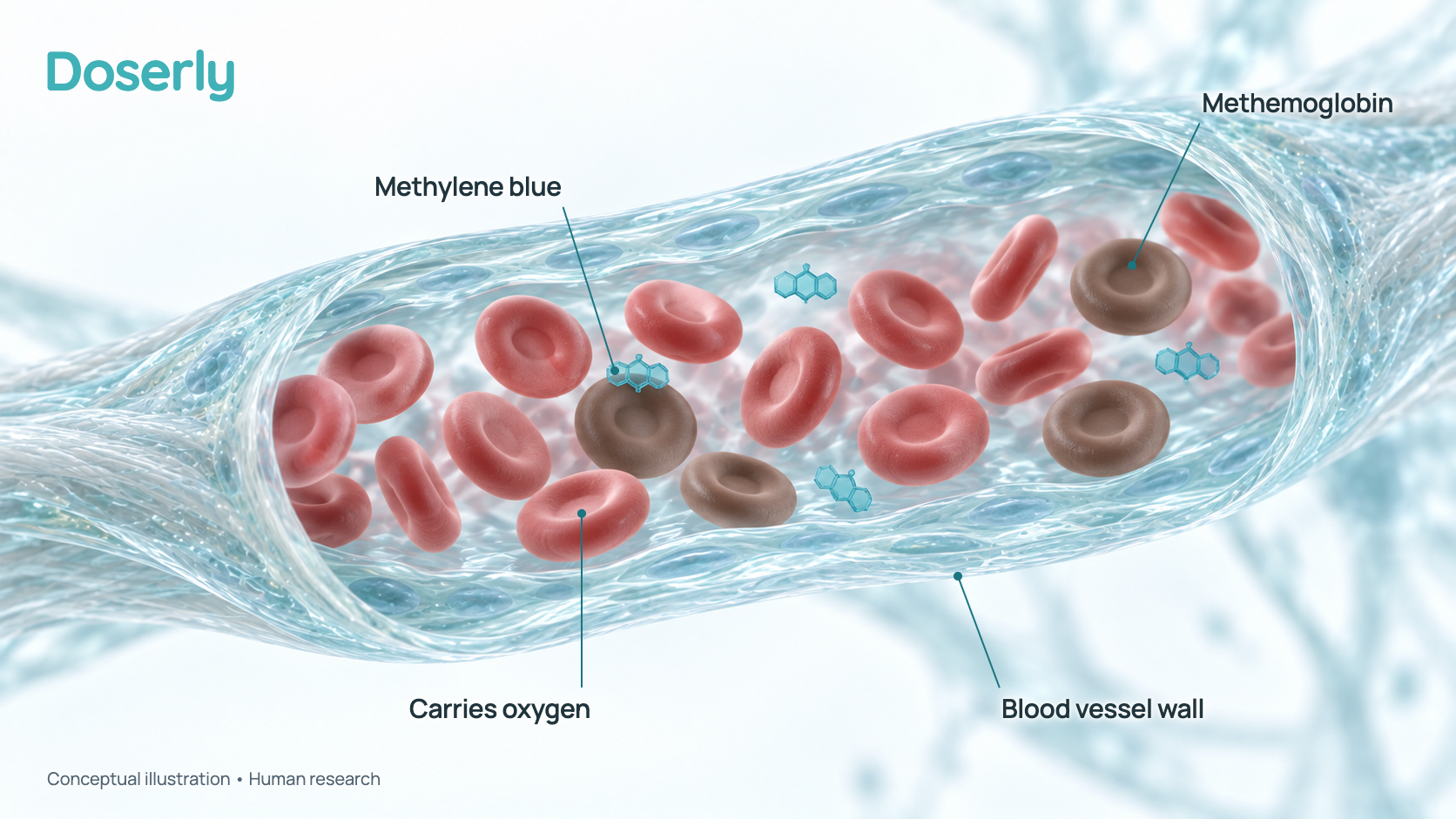 Conceptual illustration of red blood cells in a small blood vessel: most are red and carry oxygen, a few are brownish because their hemoglobin has changed into methemoglobin, and small methylene blue molecules reach one of them. It shows the condition methylene blue is approved to treat, not a wellness effect.