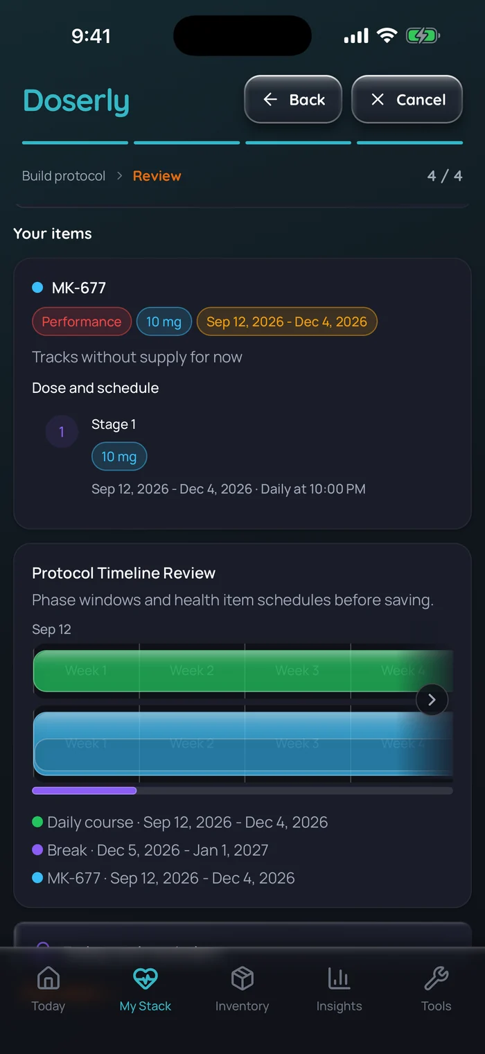 Capture de l’app Doserly (interface en anglais), données d’exemple : révision du plan d’une cure de MK-677 avant l’enregistrement, 10 mg par jour à 22 h du 12 septembre au 4 décembre 2026, puis une pause du 5 décembre au 1er janvier 2027, avec une chronologie des deux phases.
