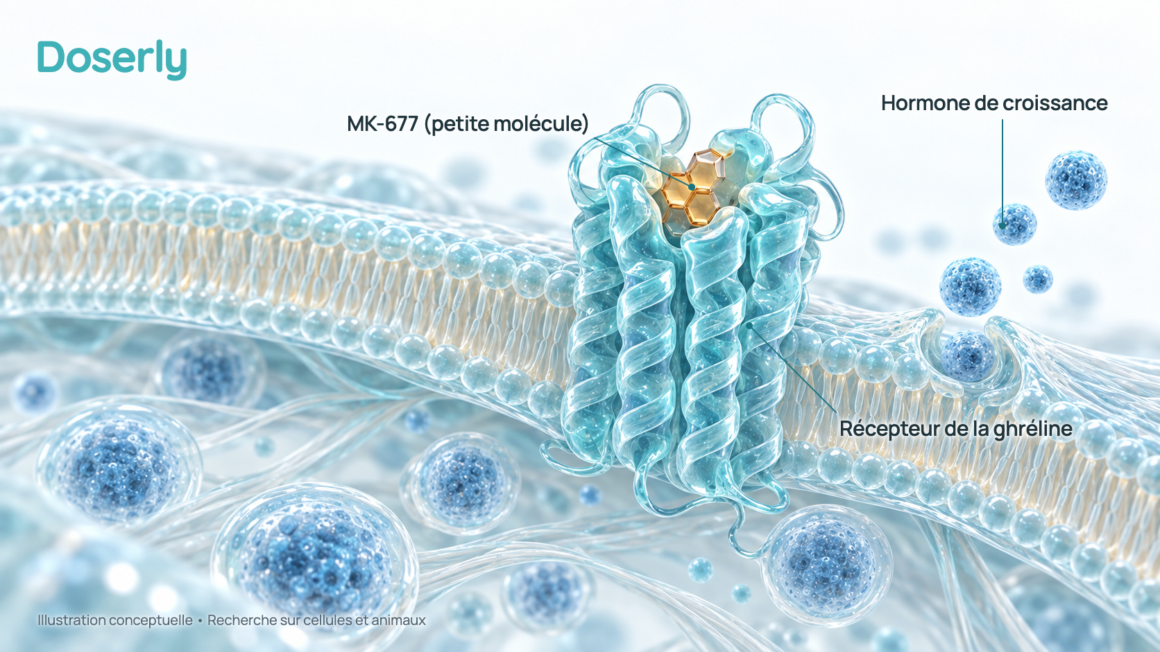 Illustration conceptuelle de la surface d’une cellule de l’hypophyse avec un récepteur de la ghréline qui retient une petite molécule de médicament, et des granules d’hormone de croissance libérés par la cellule. Elle représente la recherche sur cellules et la recherche structurale, pas un effet mesuré chez l’humain.
