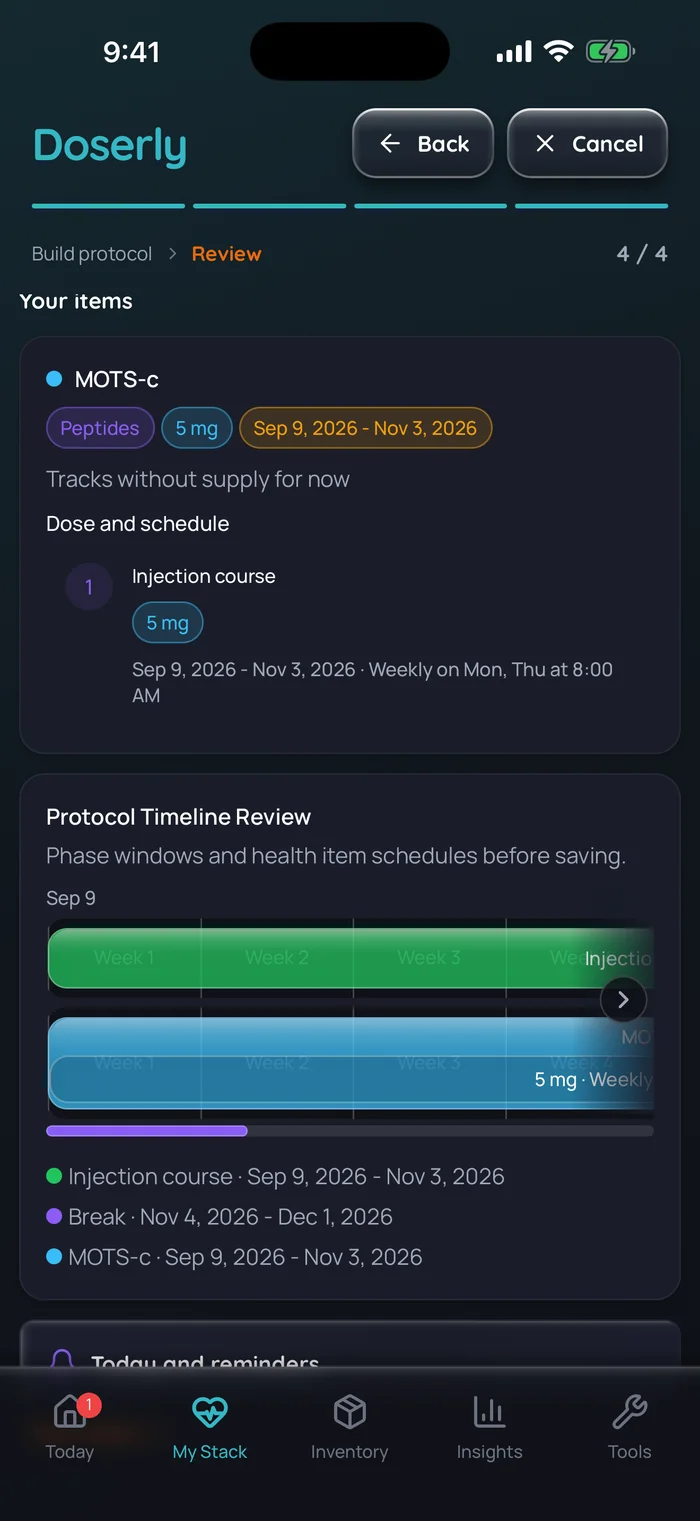 Doserly plan review for an example MOTS-c course before saving: 5 mg weekly on Mon and Thu at 8:00 AM from Sep 9 to Nov 3, 2026, then a break from Nov 4 to Dec 1, with a timeline of both phases.