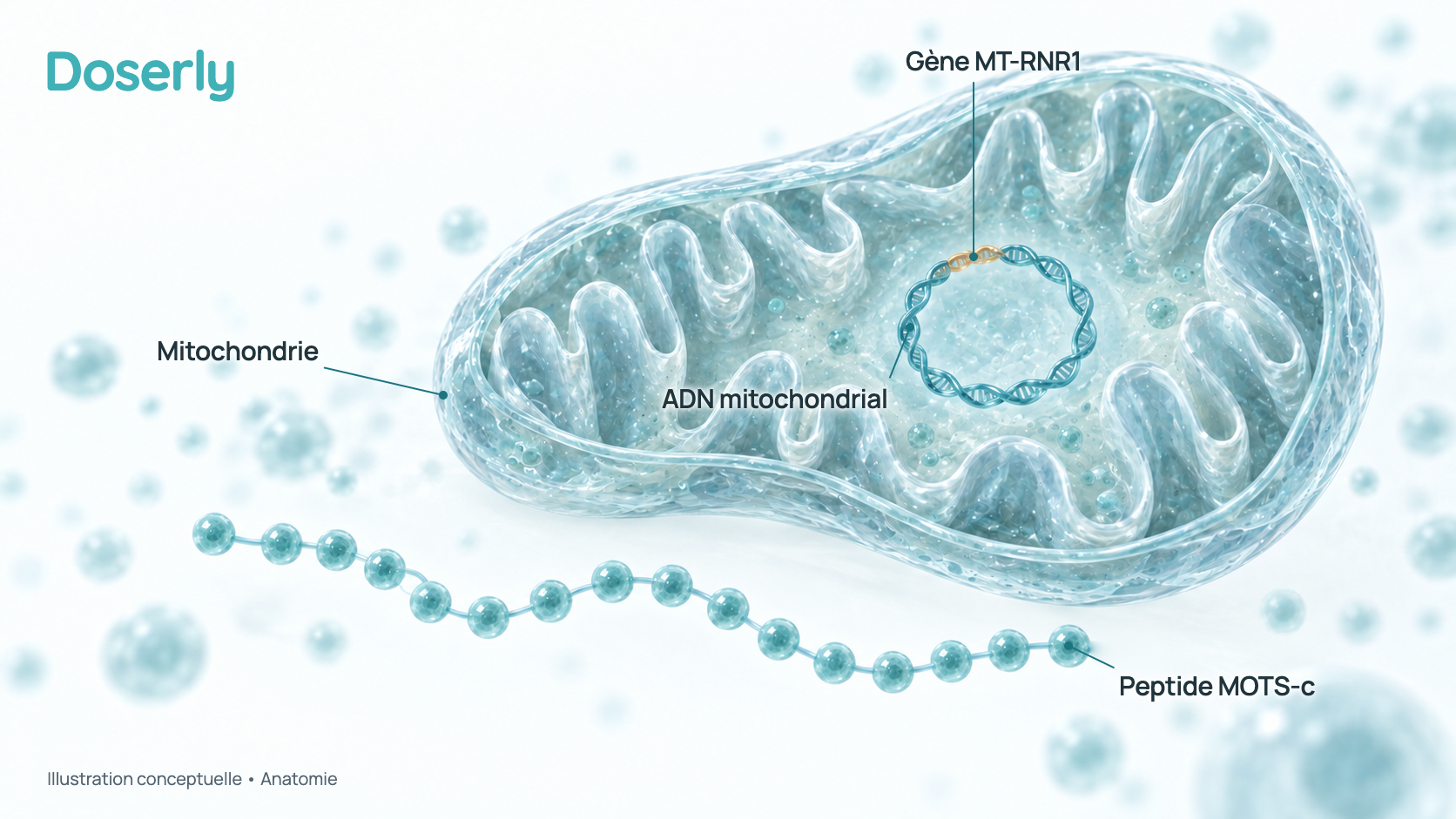 Illustration conceptuelle d’une mitochondrie coupée montrant son petit cercle d’ADN, avec une courte séquence surlignée, le gène MT-RNR1, et une chaîne de 16 perles à l’extérieur. Elle montre où le MOTS-c est codé, pas un effet de son administration.