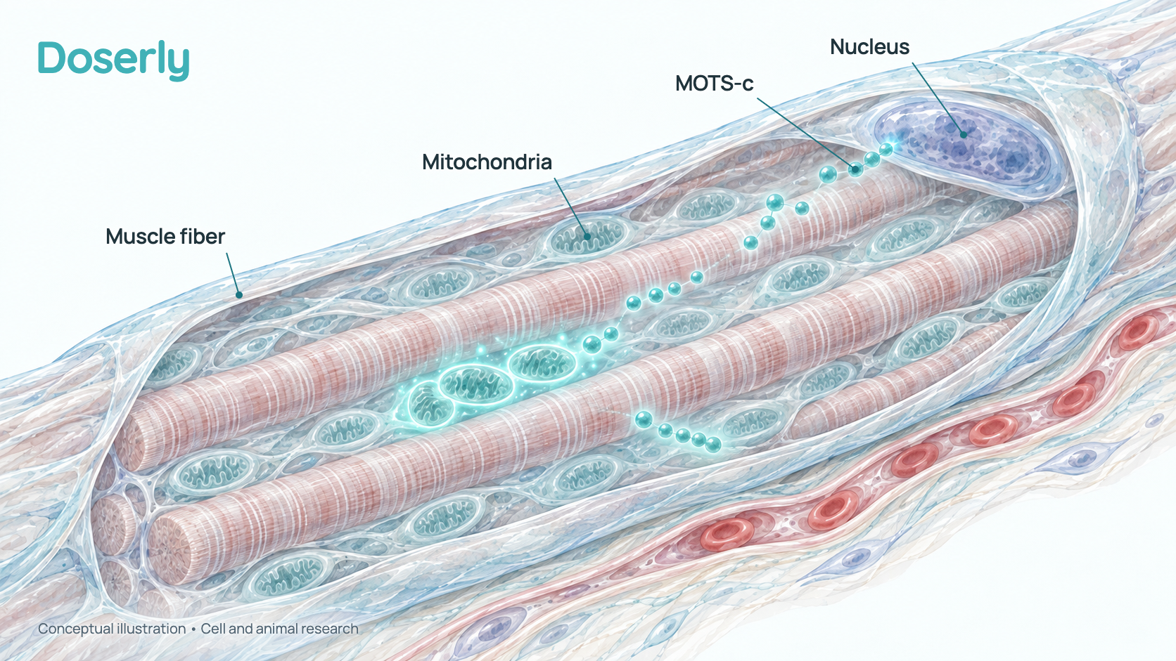 Conceptual illustration of a muscle fiber opened lengthwise, with rows of mitochondria between its fibrils and short peptide chains moving toward the nucleus. It represents cell and mouse findings, not a demonstrated effect in people.