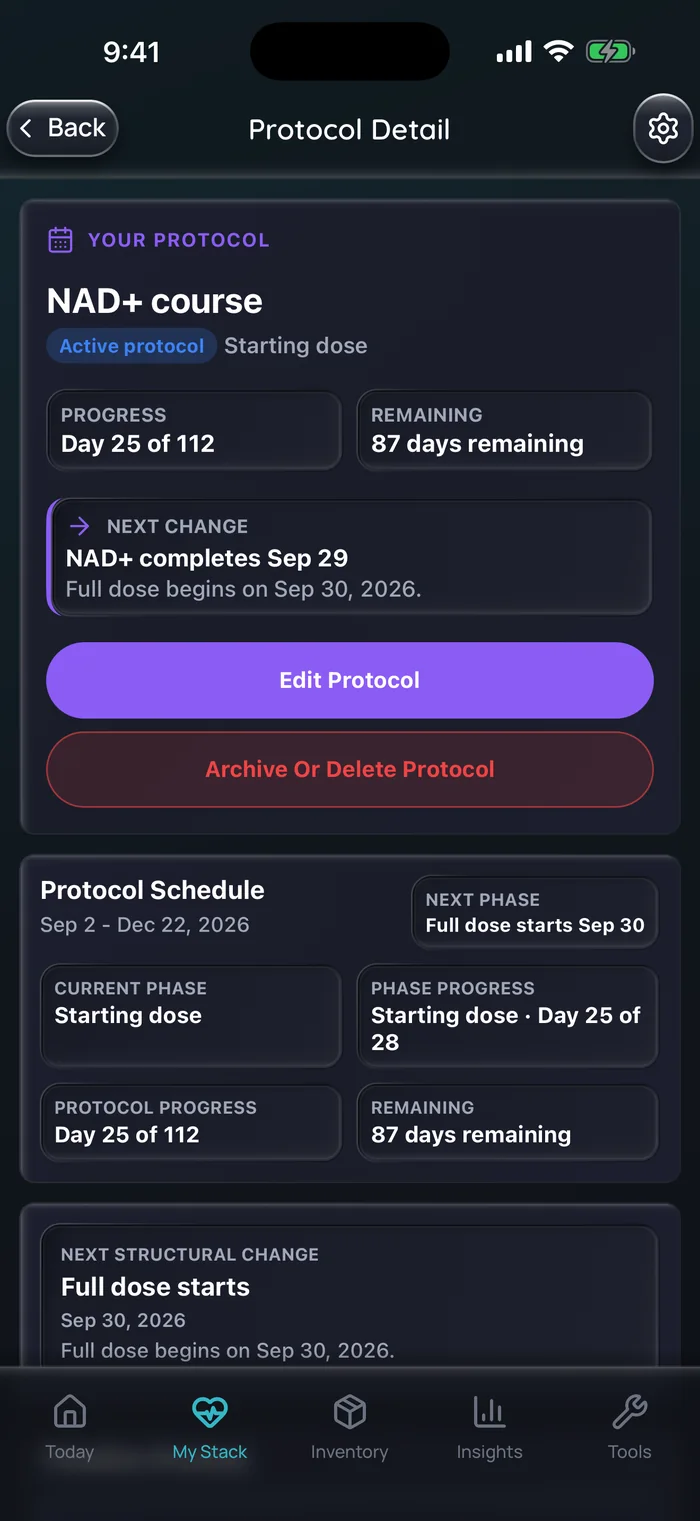 Capture de l’app Doserly (interface en anglais), données d’exemple : détail du protocole d’une cure de NAD+ de 16 semaines dans sa phase de dose de départ, au jour 25 sur 112 avec 87 jours restants, et la phase de dose complète commençant le 30 septembre.