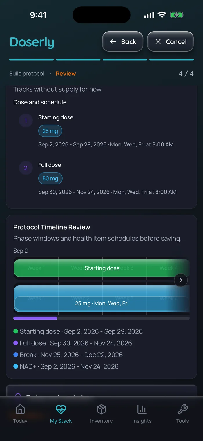 Capture de l’app Doserly (interface en anglais), données d’exemple : revue du plan d’une cure de NAD+ avec une étape de dose de départ, du 2 au 29 septembre, à 25 mg les lundis, mercredis et vendredis à 8 h, puis une étape de dose complète, du 30 septembre au 24 novembre, à 50 mg les mêmes jours, avec une chronologie des phases de dose de départ, de dose complète et de pause.