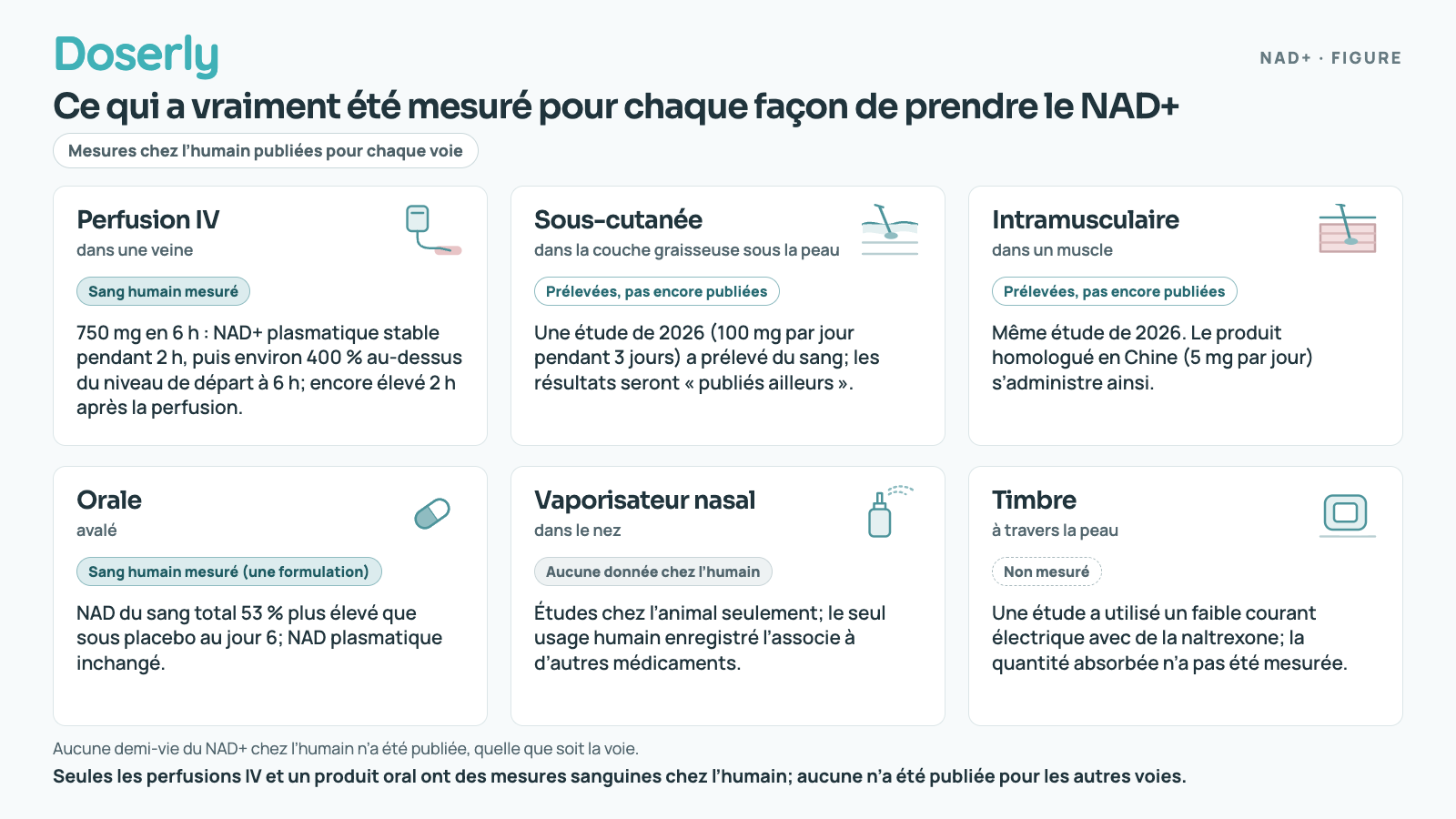 Six façons de prendre le NAD+ et ce qui a été mesuré chez l’humain : des taux sanguins pour les perfusions IV et un produit oral; aucune mesure publiée pour les injections sous-cutanées ou intramusculaires, les vaporisateurs nasaux ou les timbres.