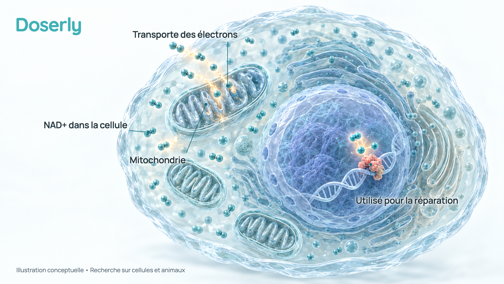 Illustration conceptuelle d’une cellule humaine : de petites molécules de NAD+ transportent des électrons vers les mitochondries, et des enzymes près du noyau consomment du NAD+. Elle montre la chimie normale d’une cellule, pas l’effet d’une prise de NAD+.