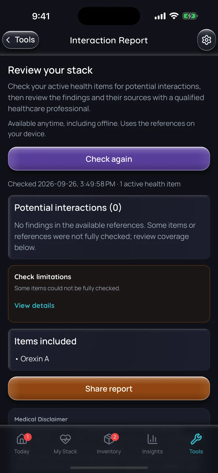 Doserly interaction report with Orexin A as the only tracked item: 1 active health item, no potential interactions found in the available references, a check-limitations note that some items could not be fully checked, and a Share report button.