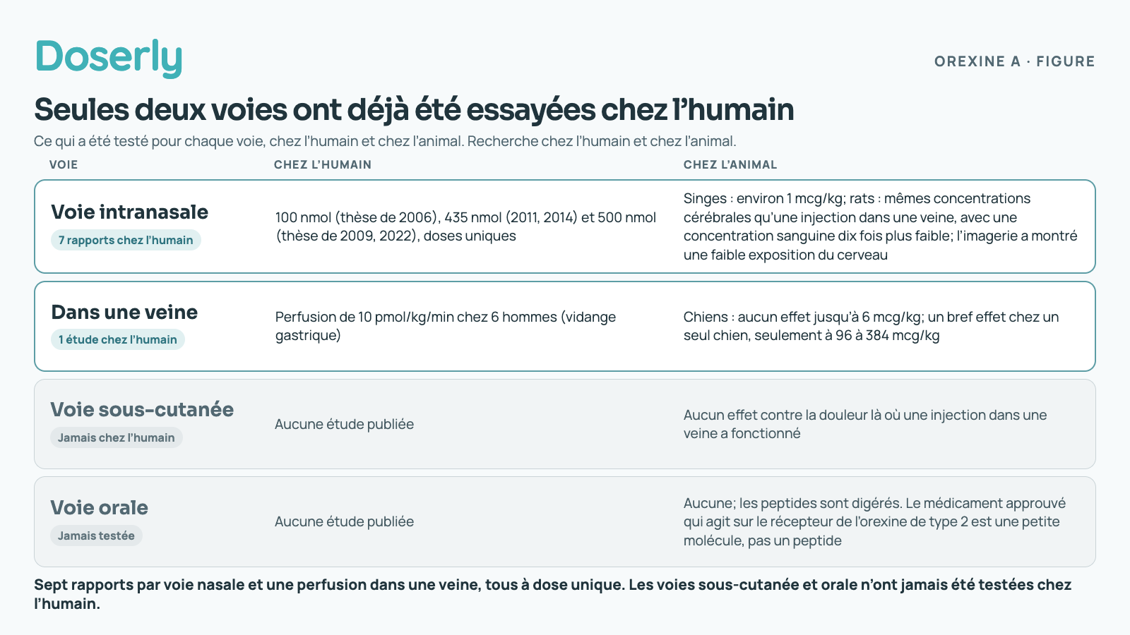 Quatre voies pour l’orexine A. Voie intranasale, testée chez l’humain : doses uniques de 100 nmol dans une thèse de 2006, de 435 nmol en 2011 et 2014, et de 500 nmol dans une thèse de 2009 et en 2022; chez le singe, environ 1 mcg par kg; chez le rat, les mêmes concentrations cérébrales qu’une injection dans une veine avec une concentration sanguine dix fois plus faible; et l’imagerie a montré une faible exposition du cerveau. Dans une veine, testée chez l’humain : une perfusion de 10 pmol par kg par minute chez 6 hommes pour étudier la vidange gastrique; chez le chien, aucun effet jusqu’à 6 mcg par kg, et un bref effet chez un seul chien, seulement à 96 à 384 mcg par kg. Voie sous-cutanée : aucune étude publiée chez l’humain, et aucun effet contre la douleur chez le rongeur là où une injection dans une veine a fonctionné. Voie orale : jamais testée; les peptides sont digérés, et le médicament approuvé qui agit sur le récepteur de l’orexine de type 2 est une petite molécule, pas un peptide.