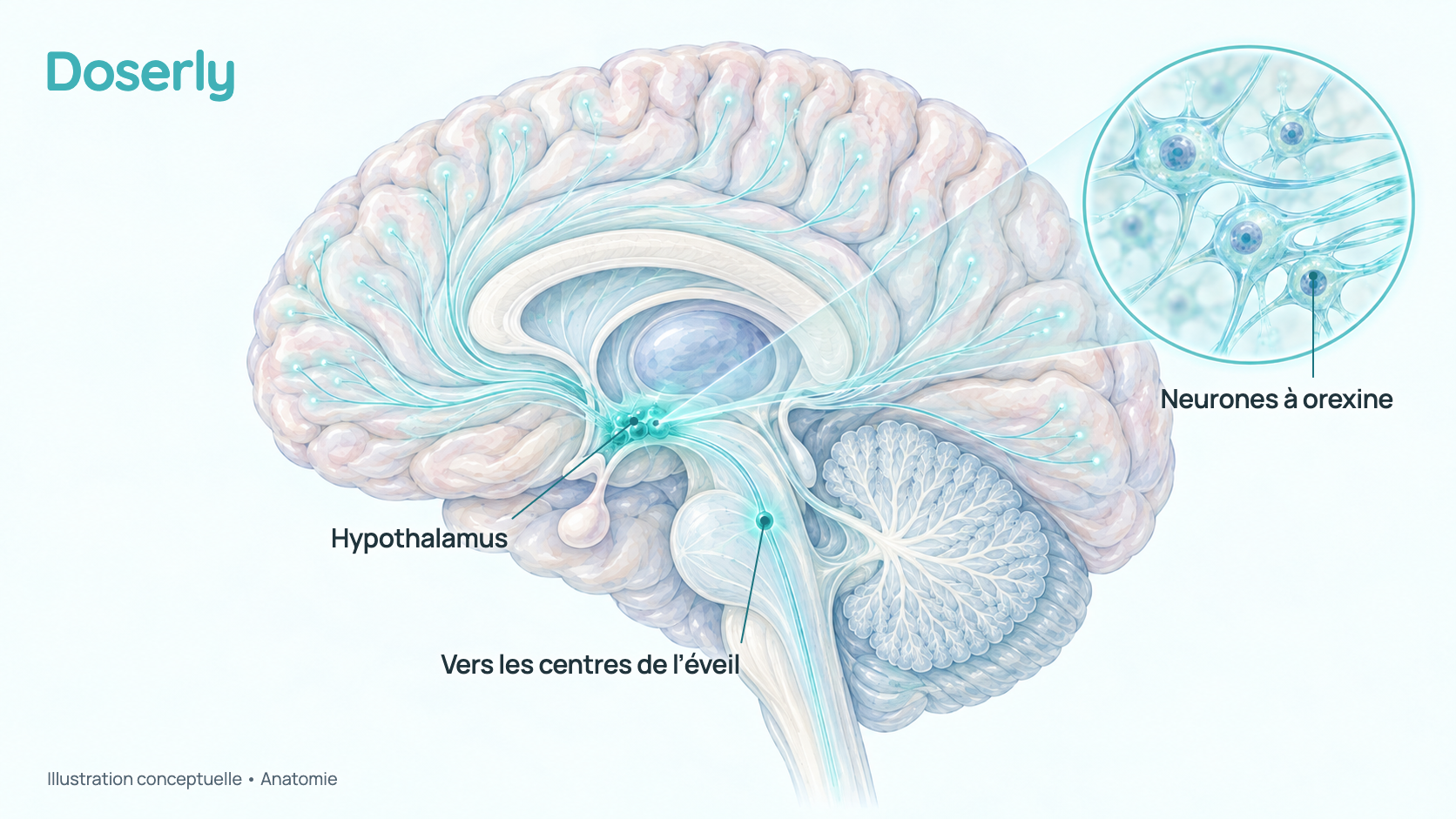 Vue latérale du cerveau humain où l’hypothalamus est mis en évidence au centre, en profondeur, avec un médaillon qui montre le petit groupe de neurones qui produisent l’orexine et leurs longues fibres qui s’étendent jusqu’au cortex et au tronc cérébral.