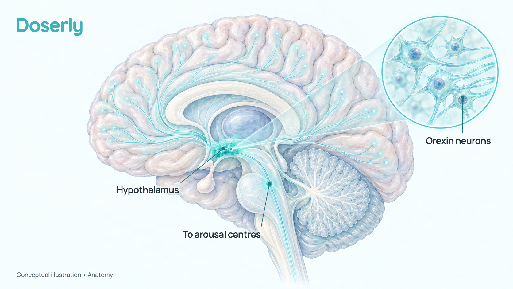A side view of the human brain with the hypothalamus highlighted deep in the centre, and an inset showing the small cluster of orexin-producing neurons and their long fibres reaching to the cortex and the brainstem.