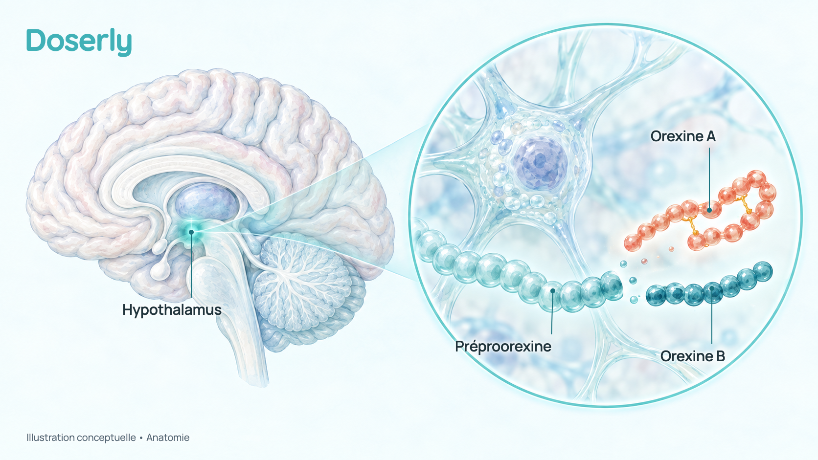 Vue de côté du cerveau humain avec l’hypothalamus mis en évidence, et vue agrandie d’une cellule nerveuse à orexine dans laquelle une longue protéine mère, la préproorexine, est découpée en un morceau plus long et replié, étiqueté orexine A, et un morceau plus court et droit, étiqueté orexine B. Illustration conceptuelle générée, pas une image de microscopie.