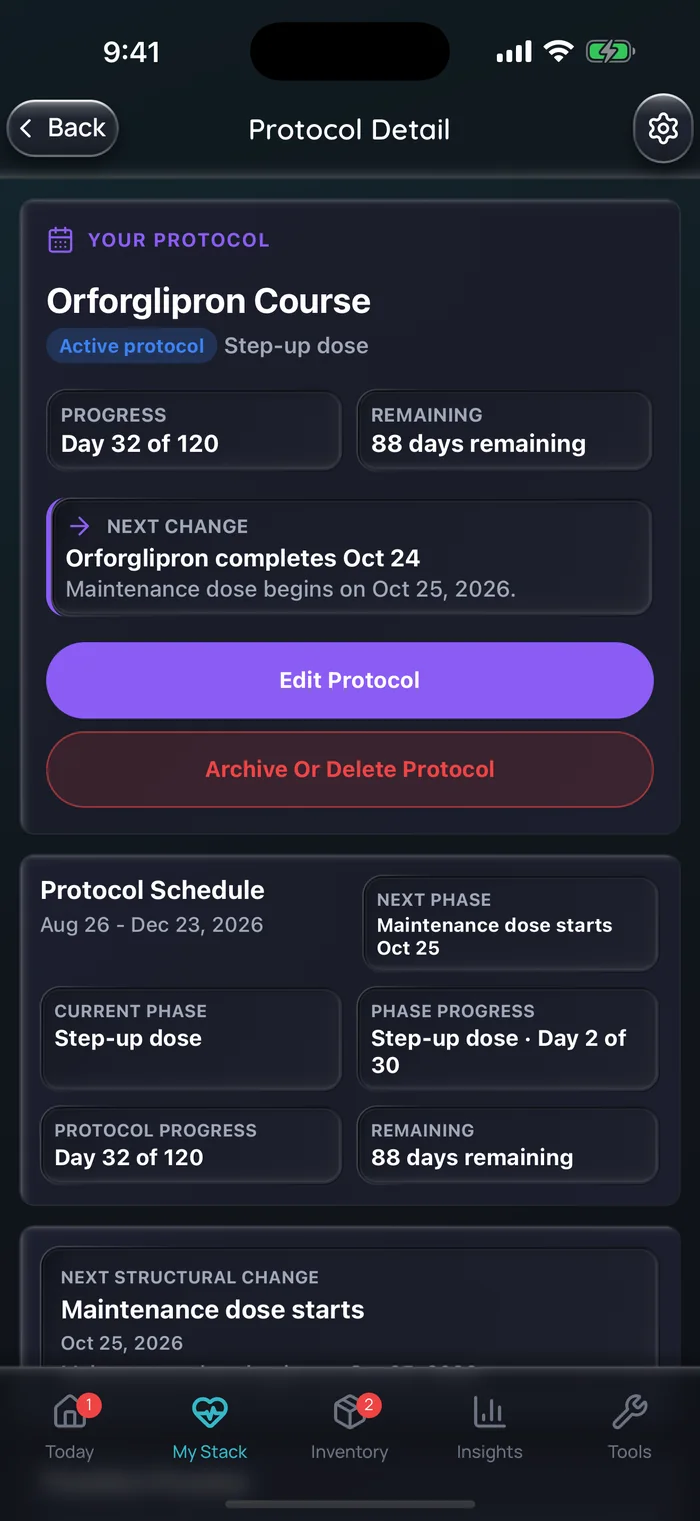 Capture de l’app Doserly (interface en anglais), données d’exemple : détail d’une cure d’orforglipron au jour 32 sur 120, en phase d’augmentation de la dose, avec la phase de dose d’entretien qui commence le 25 octobre.