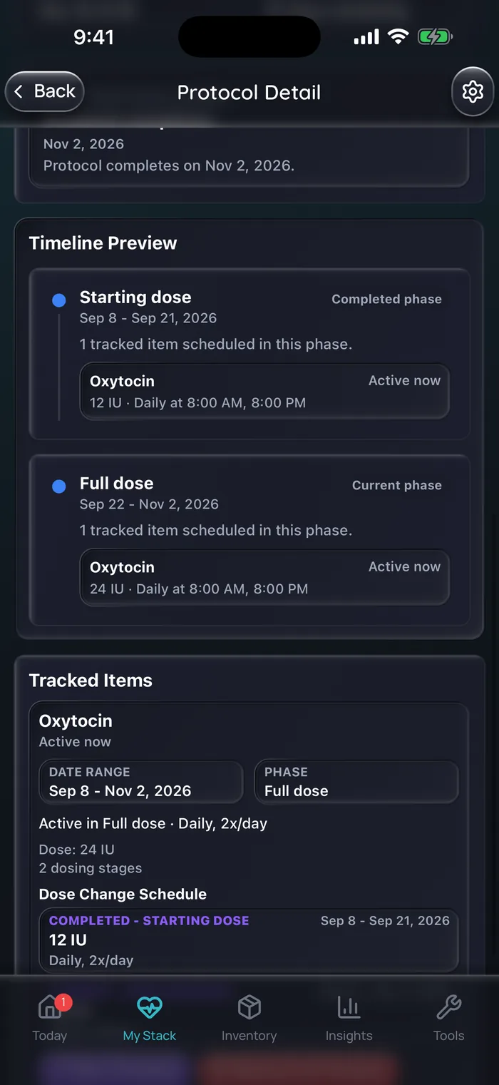 Capture de l’app Doserly (interface en anglais) : aperçu chronologique d’une cure d’ocytocine donnée en exemple, avec une phase de dose de départ du 8 au 21 septembre, ocytocine 12 UI par jour à 8 h et à 20 h, puis une phase de dose complète du 22 septembre au 2 novembre, 24 UI aux mêmes heures.