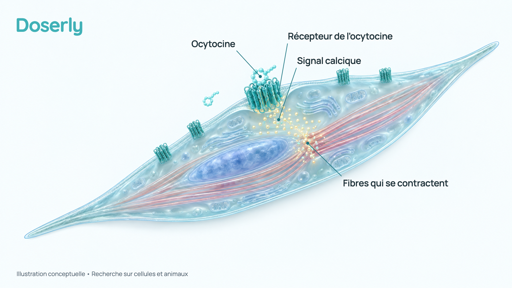 Illustration conceptuelle d’une cellule musculaire lisse de l’utérus portant des récepteurs de l’ocytocine à sa surface, d’un petit peptide en forme d’anneau fixé à un récepteur et de signaux calciques qui se propagent dans la cellule pendant que les fibres musculaires se contractent. C’est un schéma simplifié, pas une image de microscopie.