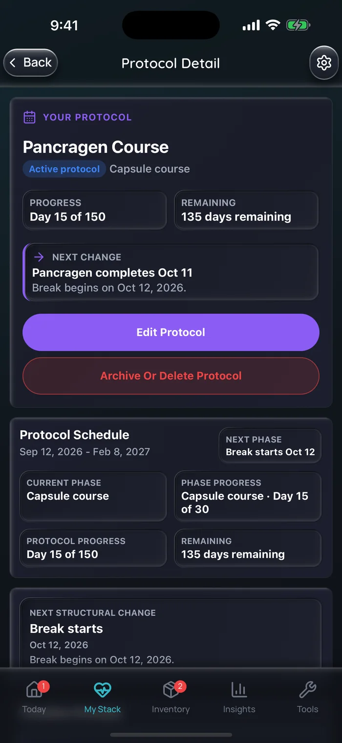 Capture de l’app Doserly (interface en anglais) : détail du protocole pour un exemple de cure de Pancragen : jour 15 de la cure de capsules de 30 jours, avec la pause prévue qui commence le 12 octobre.