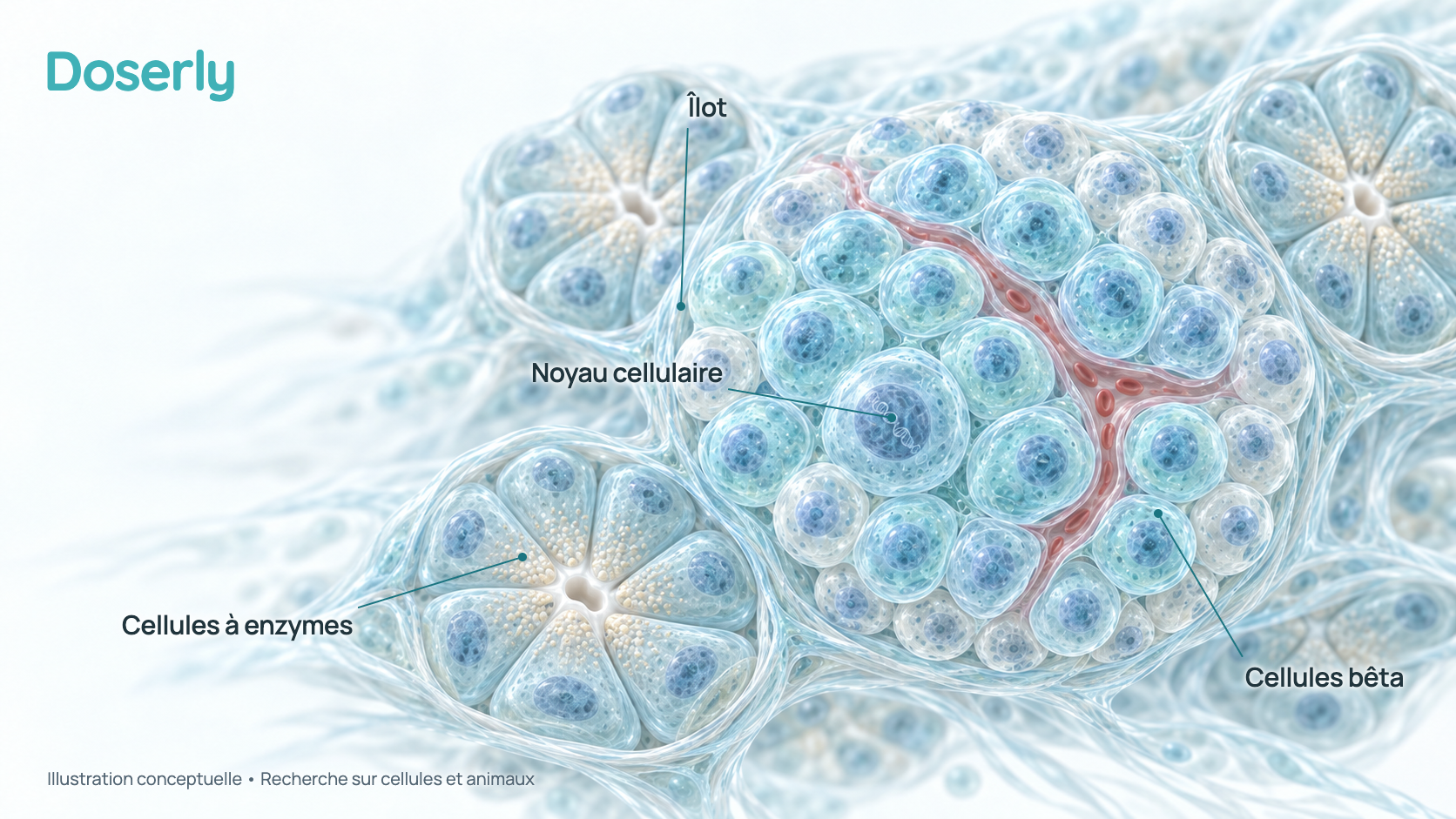 Illustration conceptuelle d’aspect vitreux d’un îlot pancréatique : un amas arrondi de cellules productrices d’hormones, avec des cellules bêta productrices d’insuline en son centre, entouré de cellules productrices d’enzymes en forme de coin, avec un noyau visible dans chaque cellule et un petit vaisseau sanguin qui traverse l’îlot. Elle représente la recherche sur des cellules et des animaux, pas un effet démontré du Pancragen chez l’humain.