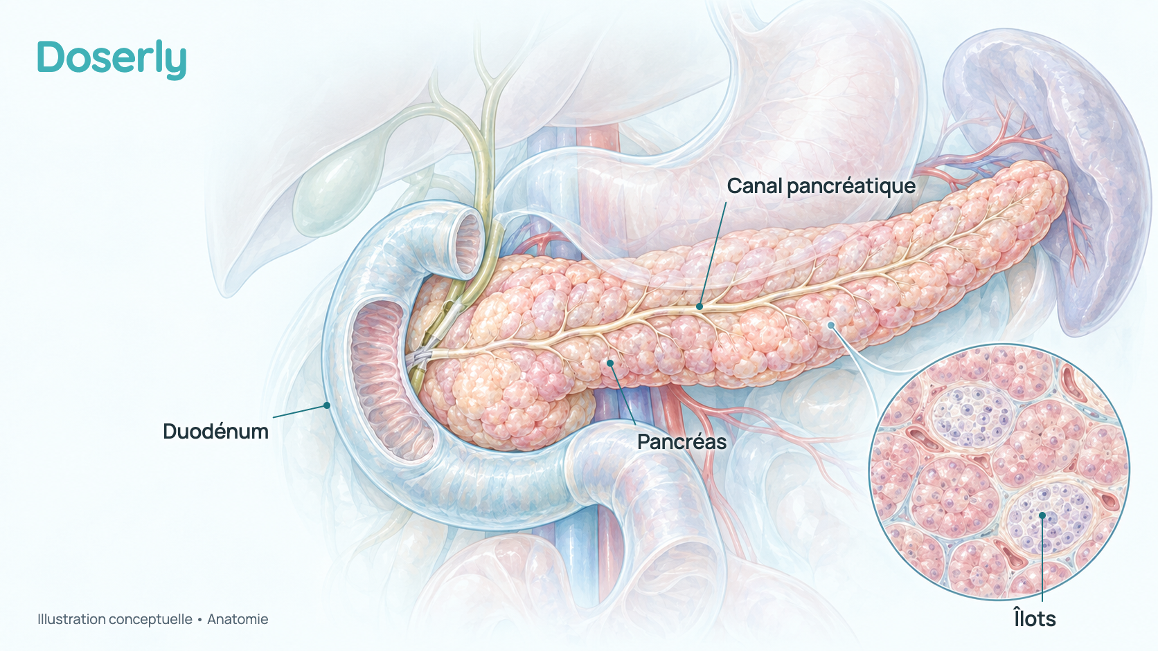 Illustration conceptuelle à l’aquarelle du pancréas dans le haut de l’abdomen, situé derrière l’estomac, sa tête logée dans la courbe de la première partie de l’intestin grêle; son canal principal le parcourt sur toute sa longueur, et de petits amas de cellules productrices d’hormones (îlots) sont parsemés dans le tissu digestif. Elle montre seulement l’anatomie, pas un effet du Pancragen.