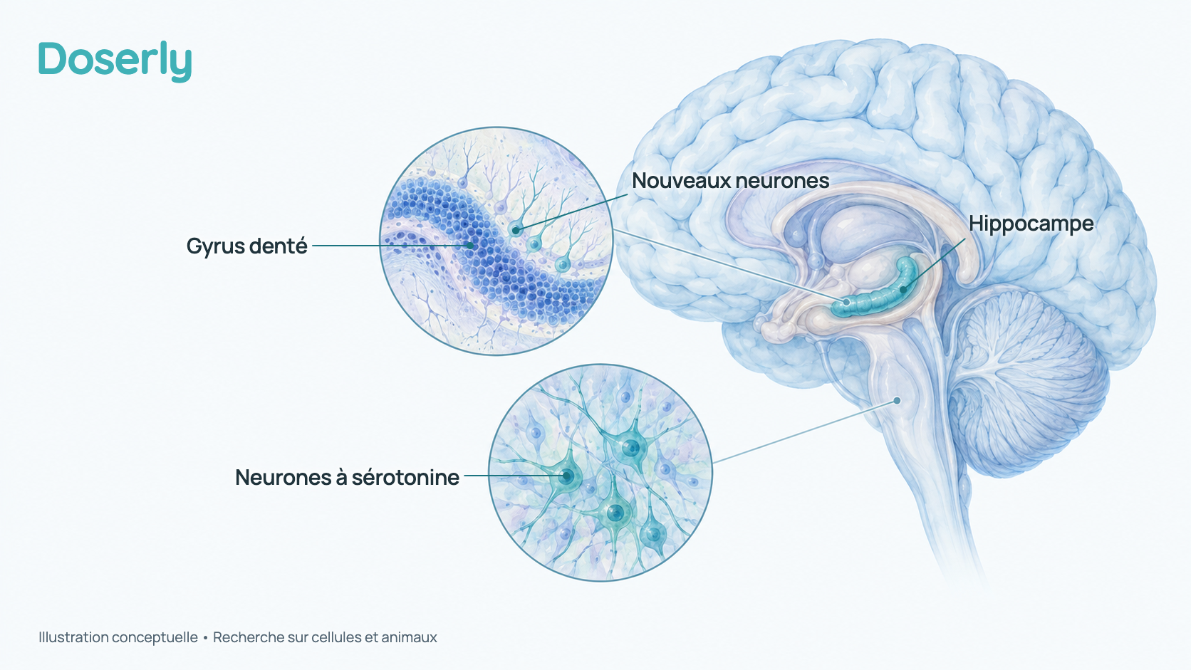 Coupe du cerveau mettant en évidence l’hippocampe, avec un médaillon agrandi de son gyrus denté, où se forment de nouvelles cellules nerveuses, et un second médaillon des noyaux du raphé du tronc cérébral, qui produisent la sérotonine. L’image montre où les études chez la souris ont mesuré des changements, pas un effet du PE-22-28 chez l’humain.