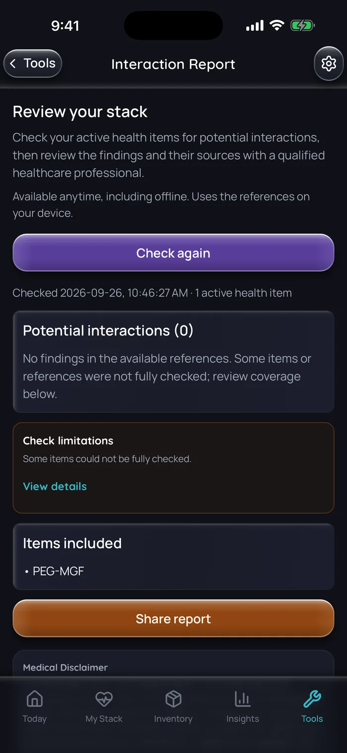 Capture de l’app Doserly (interface en anglais), données d’exemple : rapport d’interactions pour une combinaison avec un seul élément actif, le PEG-MGF, sans résultat dans les références disponibles et avec une note précisant que certains éléments n’ont pas pu être entièrement vérifiés.