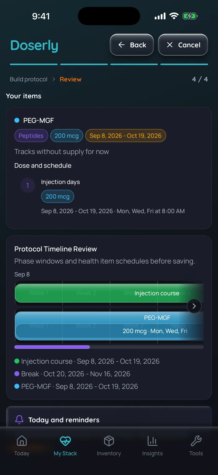 Capture de l’app Doserly (interface en anglais), données d’exemple : écran récapitulatif d’une cure de PEG-MGF, 200 mcg les lundis, mercredis et vendredis à 8 h du 8 septembre au 19 octobre, puis une pause sans dose prévue du 20 octobre au 16 novembre 2026.