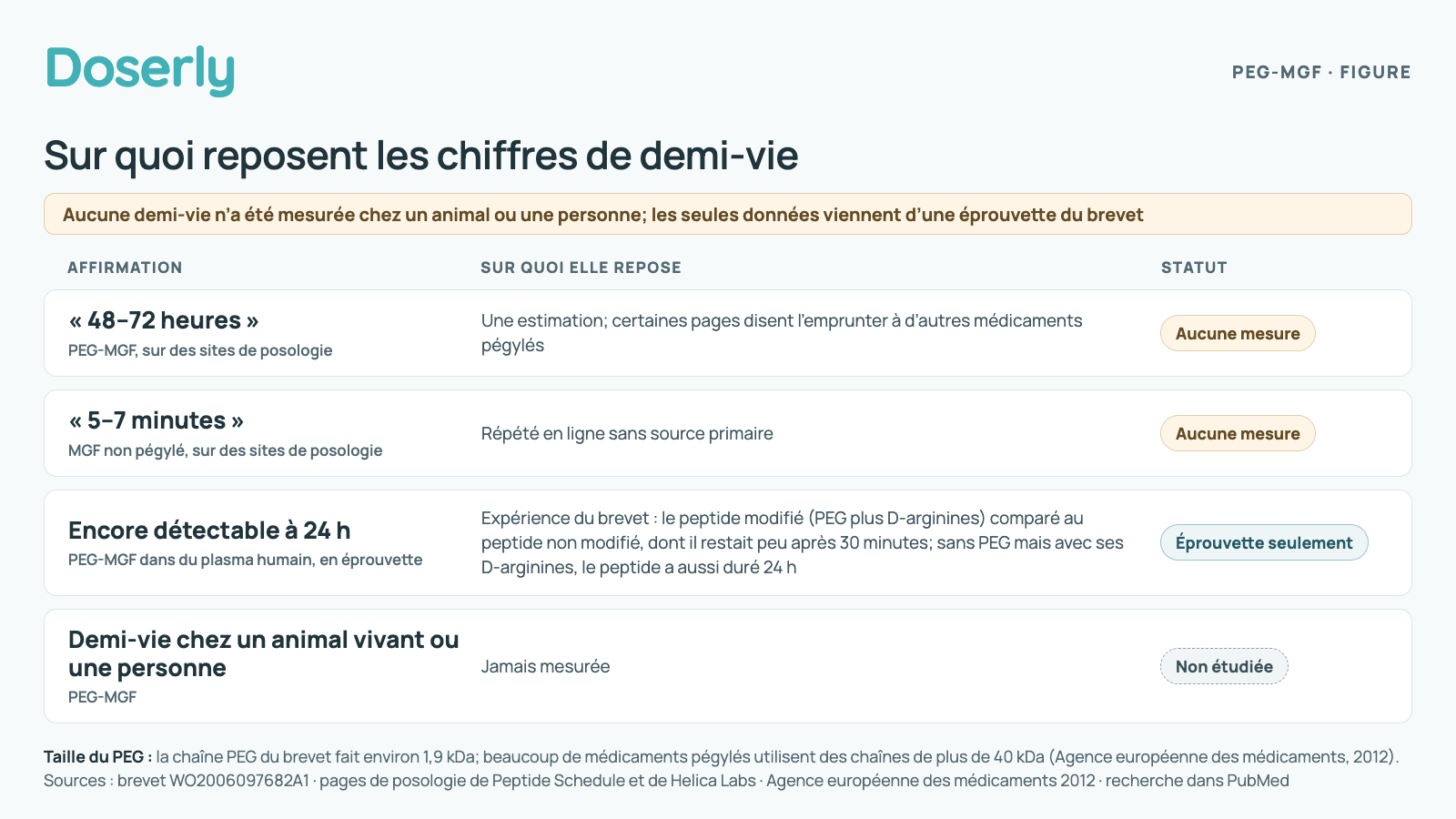 Quatre affirmations sur la demi-vie et ce qui sous-tend chacune. « 48–72 heures » pour le PEG-MGF sur des sites de posologie est une estimation, que certaines pages disent emprunter à d’autres médicaments pégylés : aucune mesure. « 5–7 minutes » pour le MGF non pégylé sur des sites de posologie est répété sans source primaire : aucune mesure. « Encore détectable à 24 h dans du plasma humain » vient d’une expérience en éprouvette du brevet comparant le peptide modifié au peptide non modifié, dont il restait peu après 30 minutes; une version avec D-arginines sans PEG a aussi duré 24 h : éprouvette seulement. La demi-vie chez un animal vivant ou une personne n’a jamais été mesurée. La chaîne PEG du brevet fait environ 1,9 kDa, alors que beaucoup de médicaments pégylés utilisent des chaînes de plus de 40 kDa.