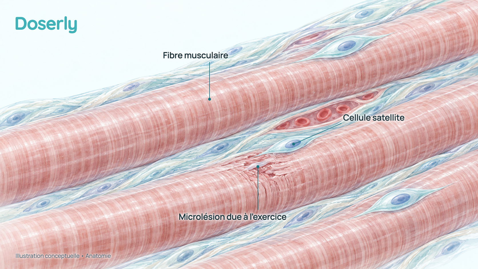 Illustration conceptuelle à l’aquarelle de fibres musculaires squelettiques, d’une petite zone de microlésion causée par l’exercice sur une fibre et de petites cellules satellites (cellules souches) à la surface des fibres. Elle montre seulement l’anatomie, pas un effet du PEG-MGF.