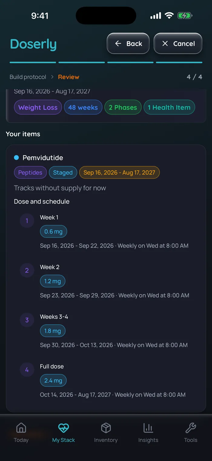 Capture de l’app Doserly (interface en anglais), données d’exemple : révision du protocole d’une cure de pemvidutide de 48 semaines, avec 0,6 mg à la semaine 1 (du 16 au 22 septembre), 1,2 mg à la semaine 2 (du 23 au 29 septembre), 1,8 mg aux semaines 3 et 4 (du 30 septembre au 13 octobre), puis 2,4 mg du 14 octobre 2026 au 17 août 2027, chaque mercredi à 8 h.