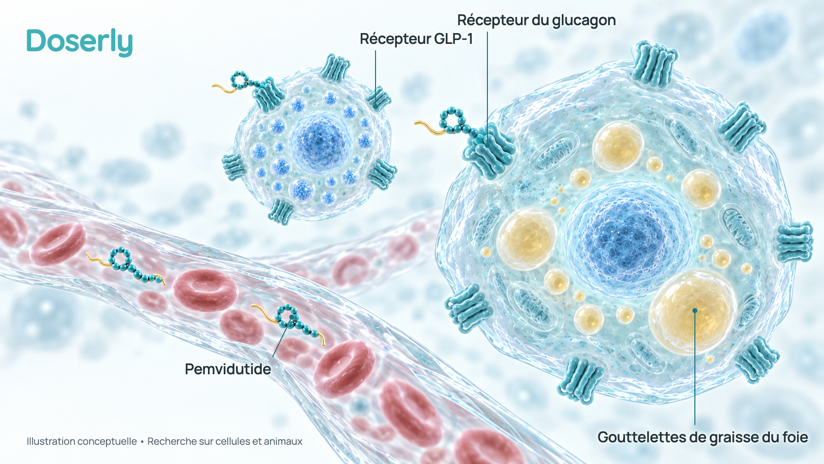 Illustration conceptuelle de molécules de pemvidutide dans un petit vaisseau sanguin se liant aux récepteurs du glucagon sur une cellule du foie contenant des gouttelettes de graisse et aux récepteurs GLP-1 sur une cellule voisine. Il s’agit d’un schéma simplifié, pas d’une image de microscopie.