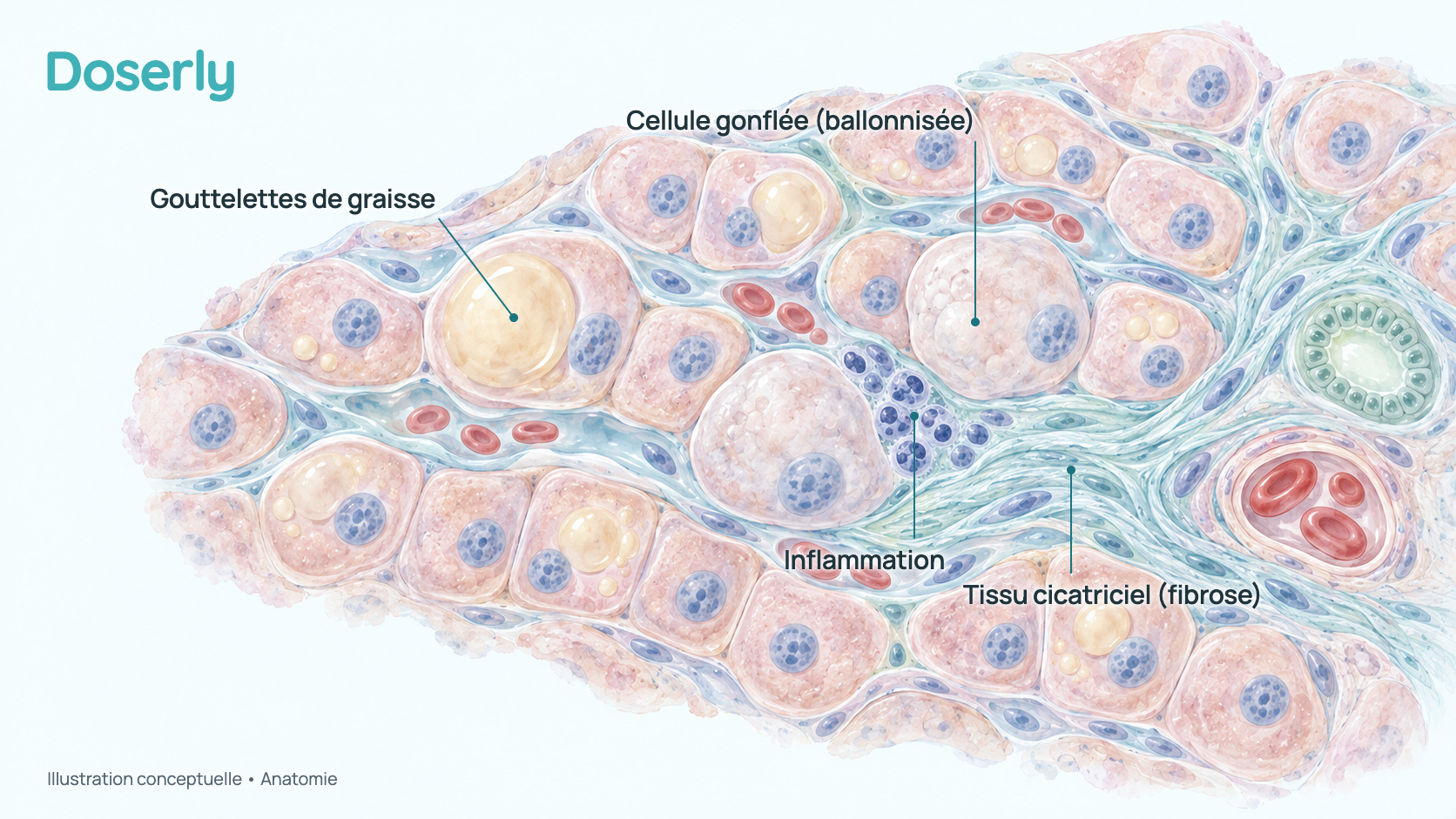 Coupe conceptuelle à l’aquarelle de tissu hépatique montrant des gouttelettes de graisse dans les cellules du foie, des cellules gonflées et endommagées, un groupe de cellules inflammatoires et des bandes de tissu cicatriciel. Elle montre l’anatomie, pas un effet du pemvidutide.