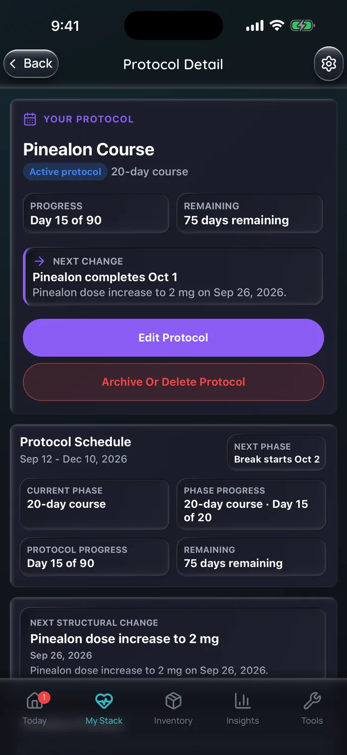 Capture de l’app Doserly (interface en anglais) : détail du protocole pour un exemple de cure de Pinealon au jour 15 sur 90, dans sa phase de cure de 20 jours, montrant la hausse à 2 mg le 26 septembre et une pause qui commence le 2 octobre.