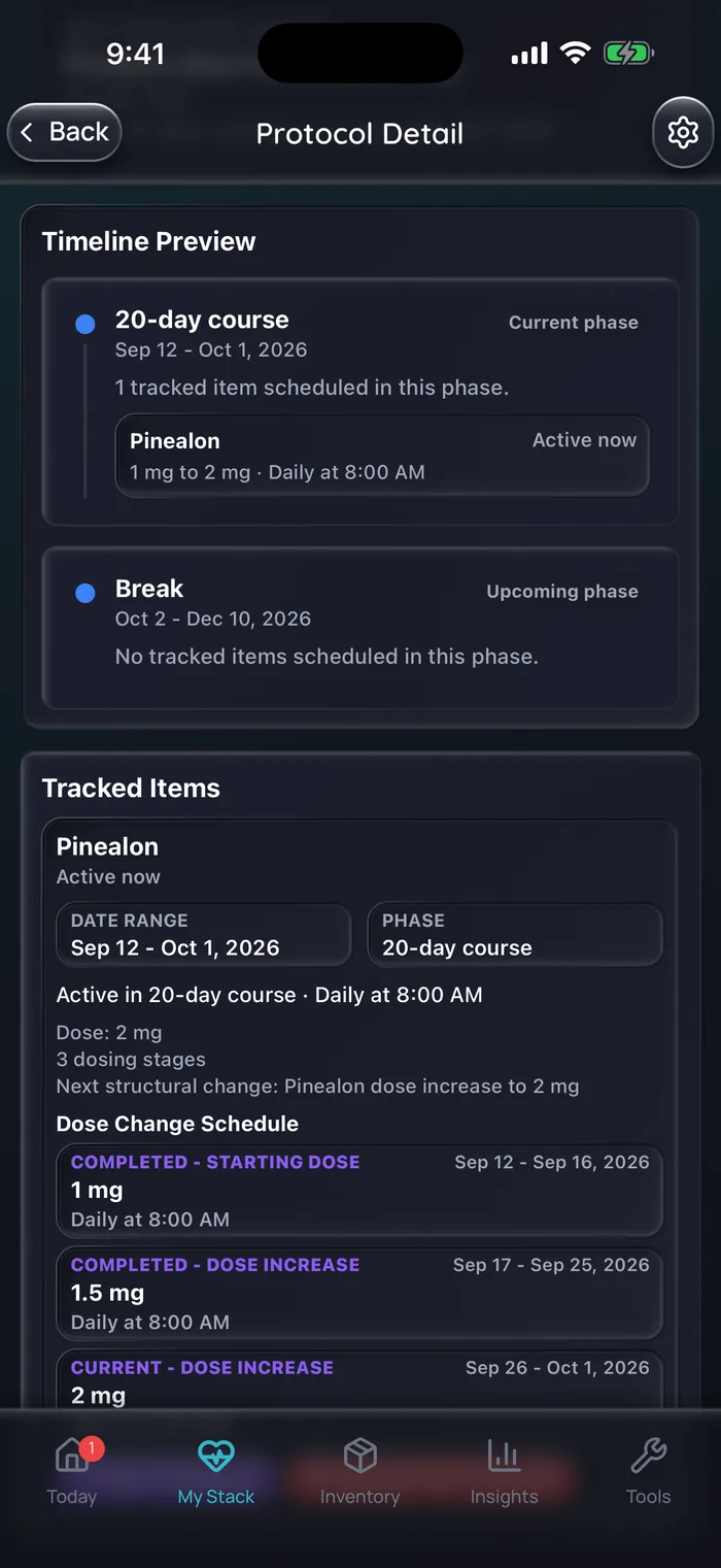 Capture de l’app Doserly (interface en anglais) : aperçu de la chronologie pour un exemple de cure de Pinealon : une cure de 20 jours du 12 septembre au 1er octobre 2026 à 1 mg puis 2 mg par jour à 8 h, suivie d’une pause sans élément suivi du 2 octobre au 10 décembre, avec un calendrier de changement de dose de 1 mg, puis 1,5 mg, puis 2 mg.