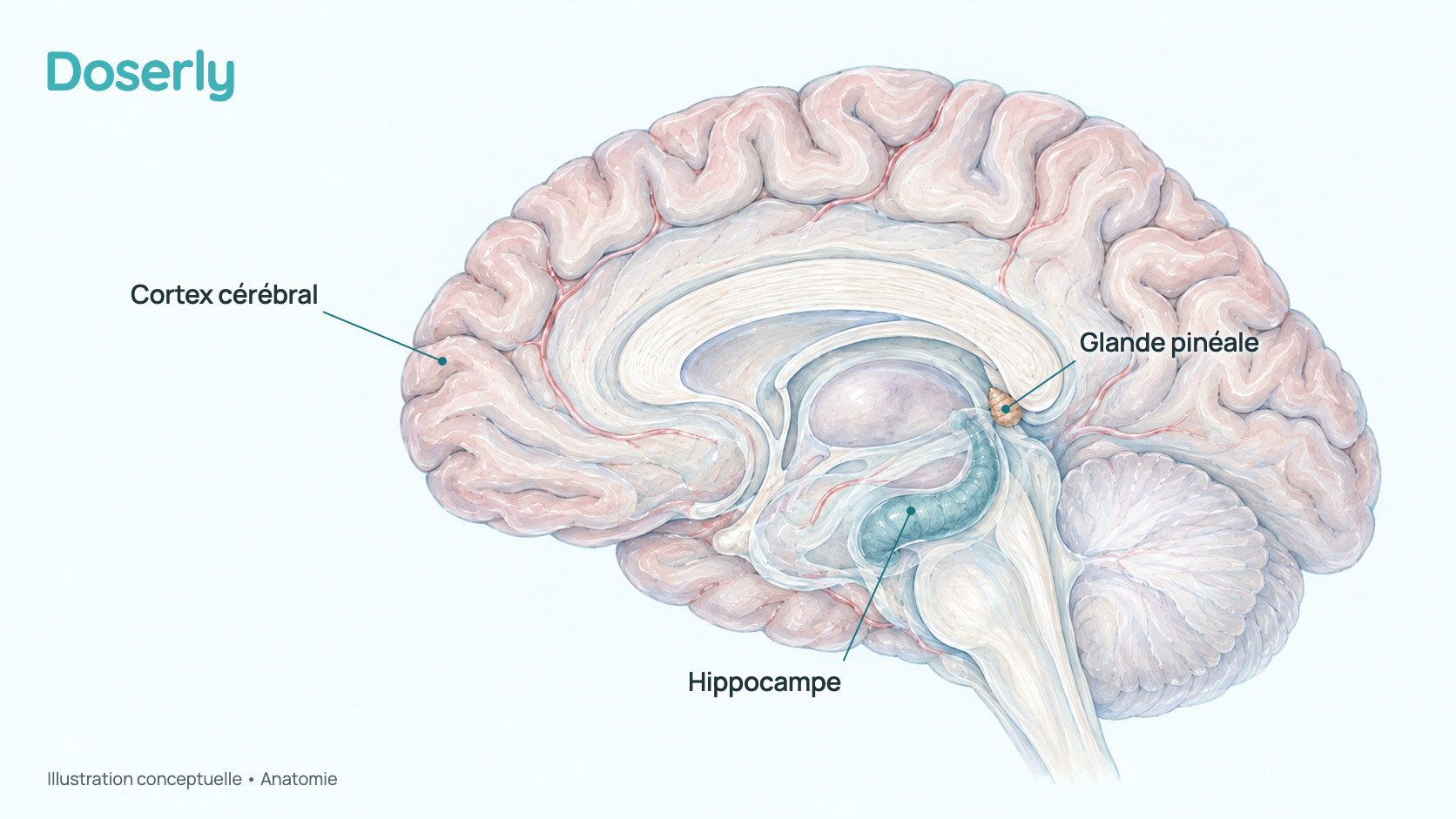 Coupe conceptuelle à l’aquarelle du cerveau humain vu de côté, montrant la couche externe plissée (cortex cérébral), l’hippocampe enroulé au fond du lobe temporal et la petite glande pinéale en forme de pomme de pin près du centre. Elle montre seulement l’anatomie, et non un effet du Pinealon.