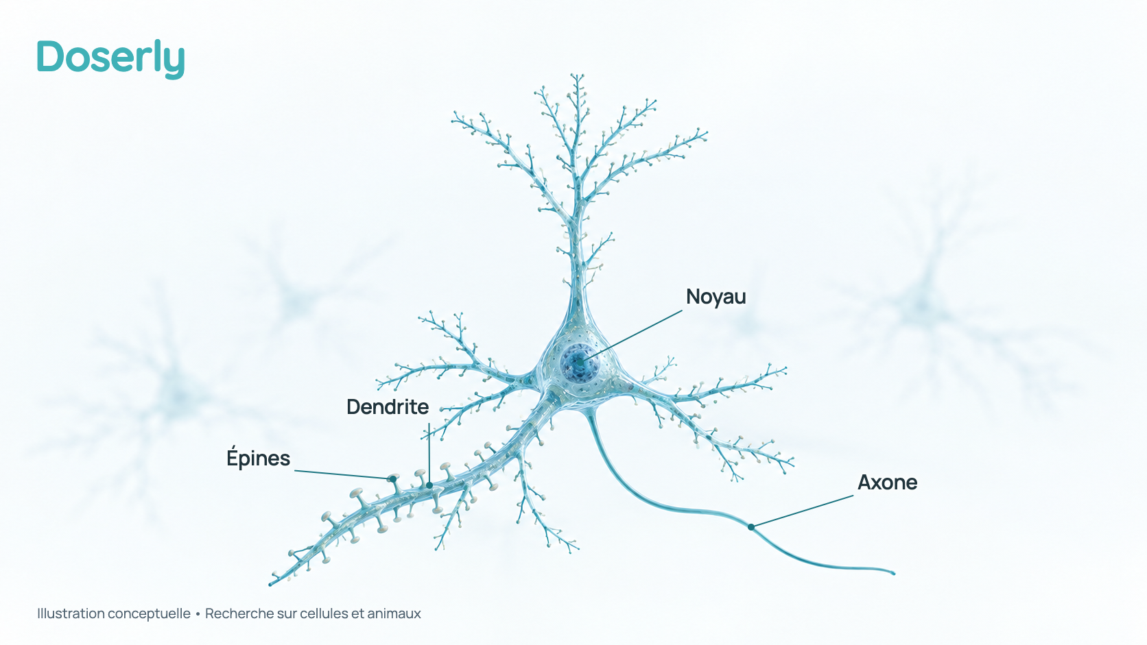 Illustration conceptuelle d’aspect vitreux d’un neurone isolé avec son noyau, ses dendrites ramifiées couvertes de petites épines en forme de champignon où se forment les connexions, et un long axone. Elle représente la recherche sur cellules et animaux, et non un effet démontré du Pinealon chez l’humain.
