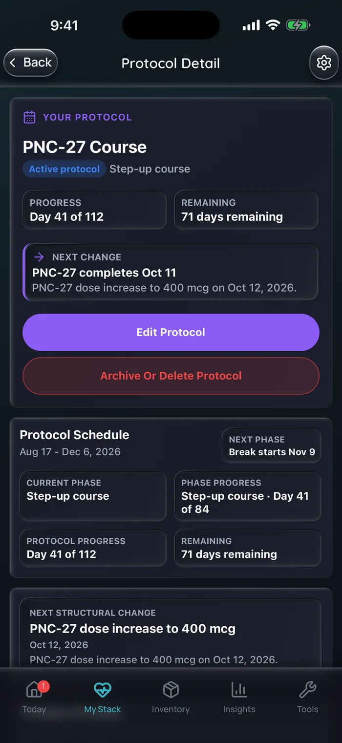 Doserly protocol detail for an example PNC-27 course on day 41 of 112, in its Step-up course phase, with 71 days remaining, a step to 400 mcg due on Oct 12 and a planned break starting Nov 9.