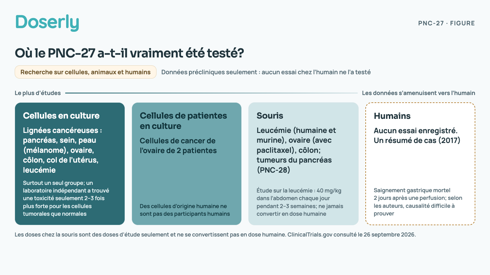 Quatre colonnes montrant où le PNC-27 a été testé, les données s’amenuisant de gauche à droite. Cellules en culture : Lignées cancéreuses : pancréas, sein, peau (mélanome), ovaire, côlon, col de l’utérus, leucémie. Surtout un seul groupe; un laboratoire indépendant a trouvé une toxicité seulement 2–3 fois plus forte pour les cellules tumorales que normales. Cellules de patientes en culture : Cellules de cancer de l’ovaire de 2 patientes. Des cellules d’origine humaine ne sont pas des participants humains. Souris : Leucémie (humaine et murine), ovaire (avec paclitaxel), côlon; tumeurs du pancréas (PNC-28). Étude sur la leucémie : 40 mg/kg dans l’abdomen chaque jour pendant 2–3 semaines; ne jamais convertir en dose humaine. Humains : Aucun essai enregistré. Un résumé de cas (2017). Saignement gastrique mortel 2 jours après une perfusion; selon les auteurs, causalité difficile à prouver.
