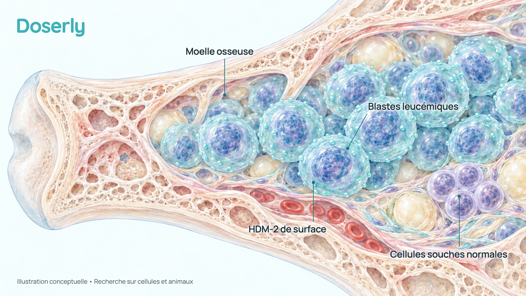 Illustration conceptuelle d’une coupe de moelle osseuse envahie de cellules leucémiques portant des marqueurs HDM-2 à leur surface, à côté de cellules souches sanguines normales qui n’en ont pas. Elle montre où les chercheurs ont regardé, pas un effet du PNC-27 chez l’humain.