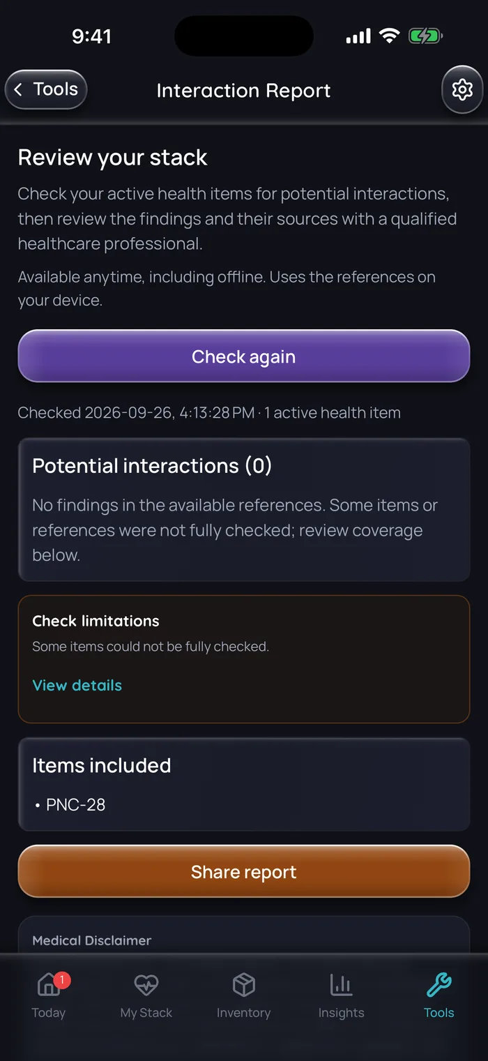 Doserly interaction report with PNC-28 as the only tracked item, showing no potential interactions in the available references and a note that some items could not be fully checked, which does not confirm safety.