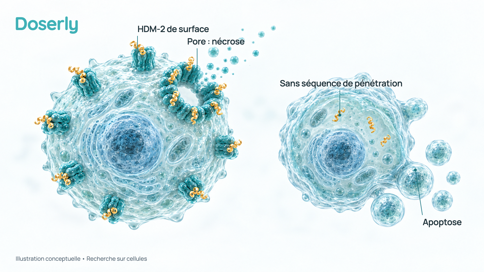 Illustration conceptuelle de deux cellules cancéreuses côte à côte. À gauche, le PNC-28 muni de sa séquence de pénétration se lie à l’HDM-2 de la membrane externe et forme un pore par lequel s’échappe le contenu de la cellule (nécrose). À droite, le même fragment de p53 produit à l’intérieur de la cellule, sans la séquence de pénétration, mène à un démantèlement ordonné en petits fragments (apoptose). Elle montre un modèle proposé à partir d’études sur cellules, pas un résultat chez l’humain.