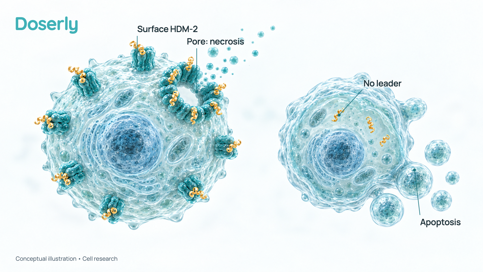 Conceptual illustration of two cancer cells side by side. On the left, PNC-28 with its leader binds HDM-2 in the outer membrane and forms a pore that leaks cell contents (necrosis). On the right, the same p53 piece made inside the cell without the leader leads to orderly self-dismantling into small fragments (apoptosis). It shows a proposed model from cell studies, not a result in people.