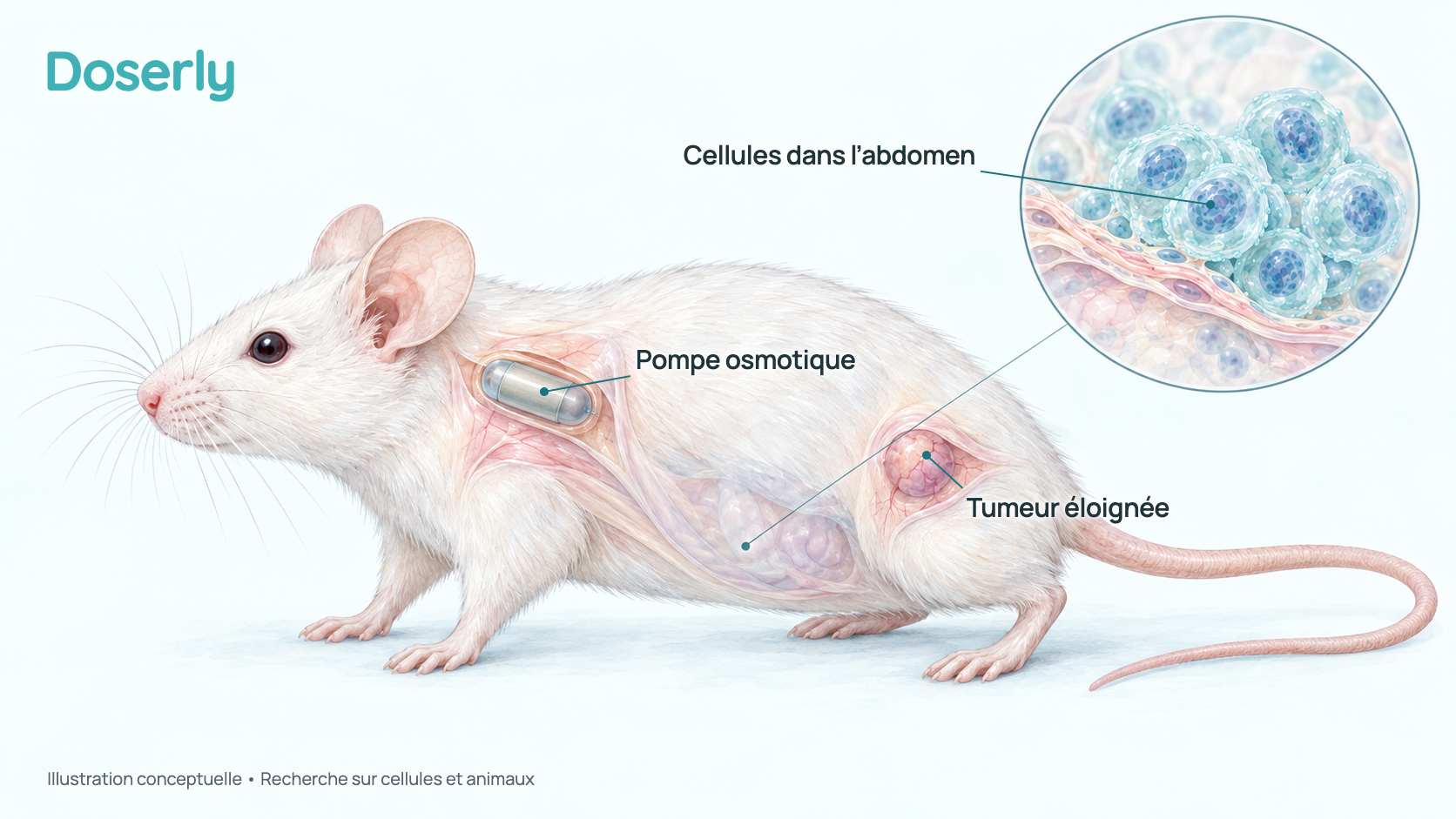Illustration conceptuelle d’une souris de laboratoire vue de profil, avec une petite pompe à libération lente placée par voie sous-cutanée (sous la peau) derrière la patte avant, une tumeur sous-cutanée près de la patte arrière et un médaillon montrant des cellules tumorales implantées dans la cavité abdominale. Elle montre le cadre de l’étude, pas un effet chez l’humain.