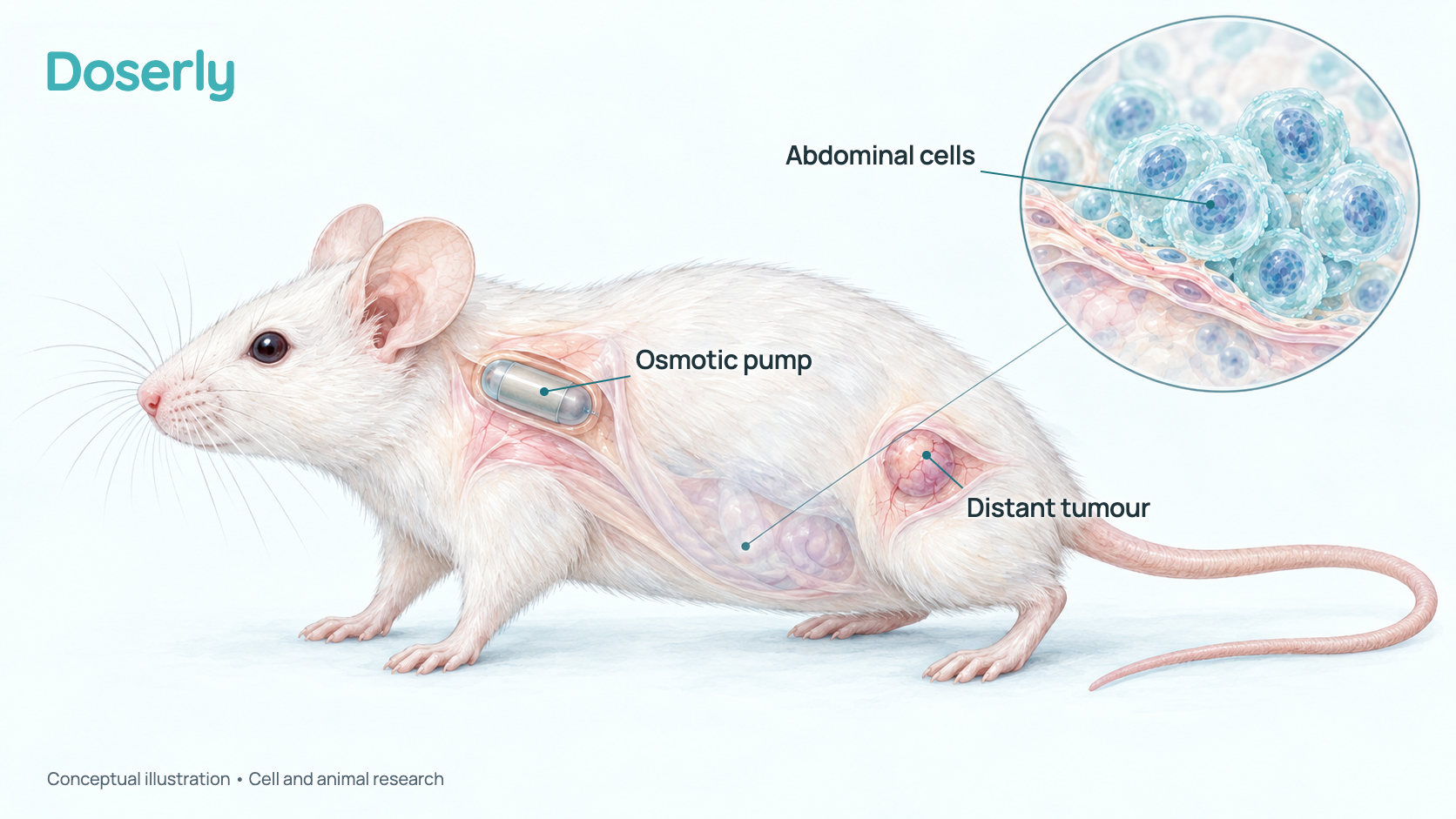 Conceptual illustration of a laboratory mouse in side view with a small slow-release pump placed subcutaneously (under the skin) behind the front leg, a subcutaneous tumour near the hind leg, and an inset of tumour cells seeded in the abdominal cavity. It shows the study setting, not an effect in people.