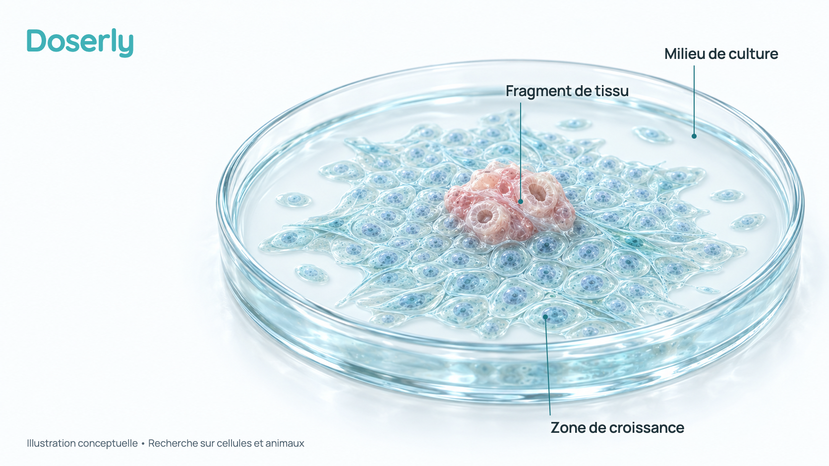 Illustration conceptuelle d’aspect vitreux d’un petit fragment de tissu prostatique posé dans une boîte de culture peu profonde, avec un halo pâle de cellules qui s’étend de son bord vers le liquide environnant. Elle représente une méthode de culture de tissus en laboratoire, pas un effet démontré du Prostamax chez l’humain.