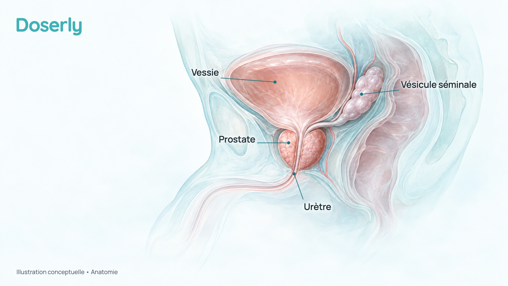 Coupe conceptuelle à l’aquarelle du bassin masculin vu de côté : la vessie se trouve au-dessus de la prostate, de la taille d’une noix de Grenoble, l’urètre descend au milieu de la prostate, et une vésicule séminale se trouve derrière la vessie, juste au-dessus de la prostate. L’image montre seulement l’anatomie, pas un effet du Prostamax.