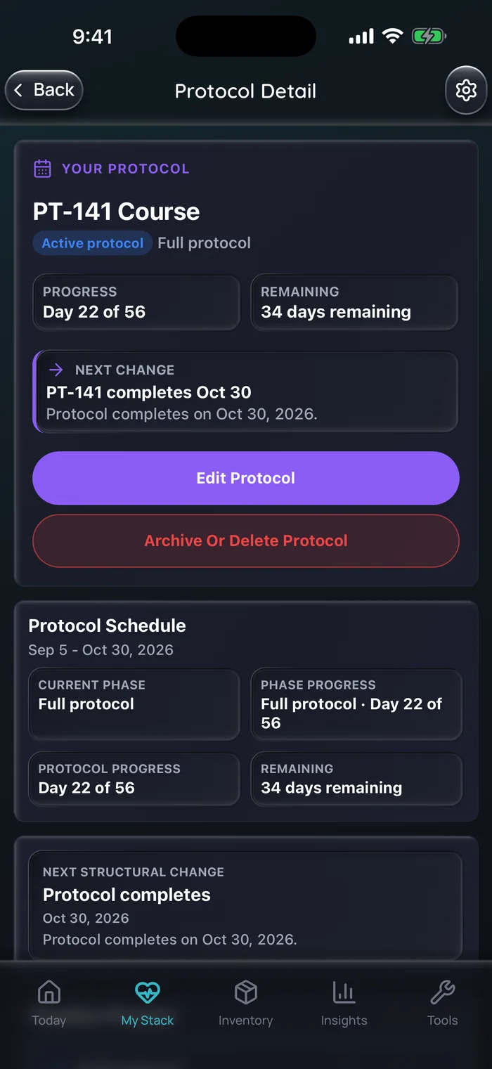 Capture de l’app Doserly (interface en anglais) : détail du protocole pour l’exemple de cure de PT-141, au jour 22 sur 56, avec 34 jours restants et la date de fin de cure du 30 octobre.