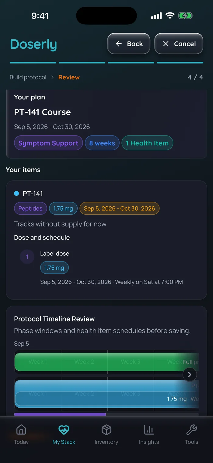 Doserly protocol review for an example PT-141 course: a 1.75 mg dose slot once a week, Saturday at 7:00 PM, from September 5 to October 30, 2026, with the 8-week timeline.