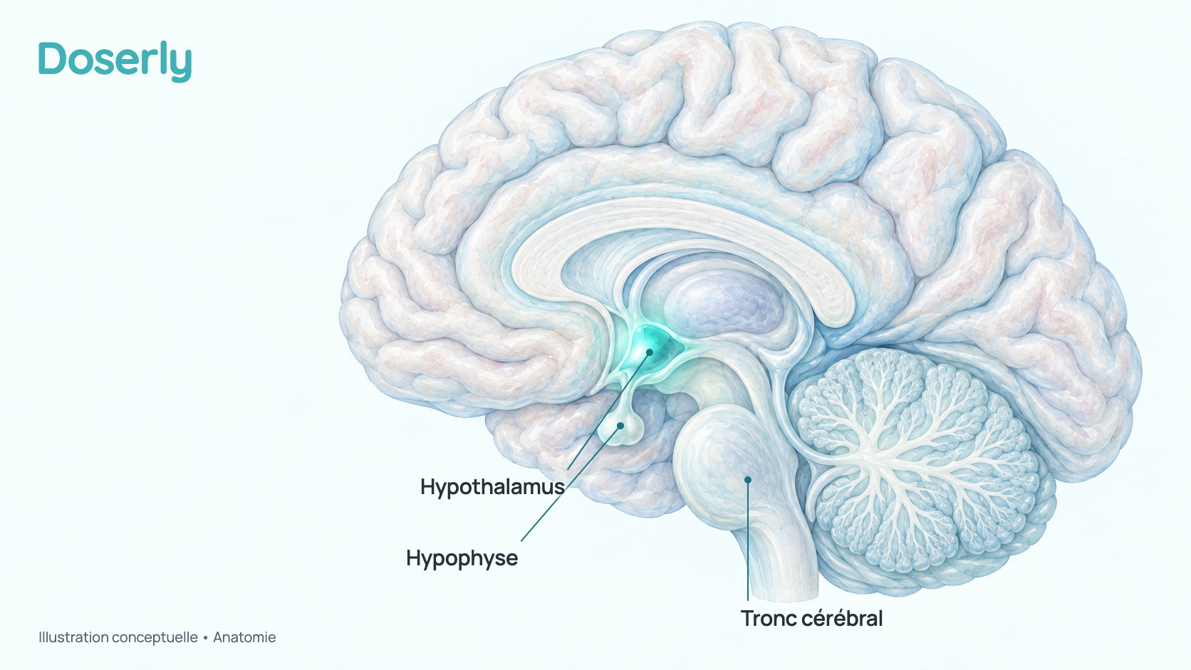 Vue latérale conceptuelle du cerveau où l’hypothalamus est mis en évidence, la région où le PT-141 agirait sur les récepteurs de la mélanocortine. Elle montre seulement l’anatomie, pas un effet mesuré du PT-141.
