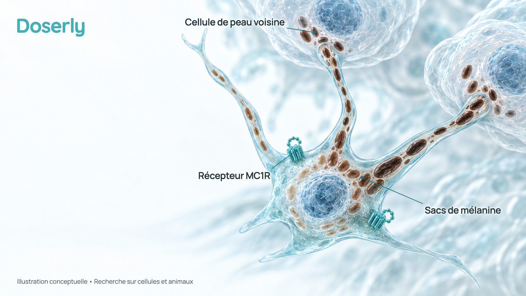 Illustration conceptuelle d’une cellule pigmentaire portant des récepteurs MC1R à sa surface, qui remplit de petits sacs de mélanine et les transmet aux cellules de peau voisines. Elle explique le mécanisme du récepteur, pas un effet mesuré chez une personne.