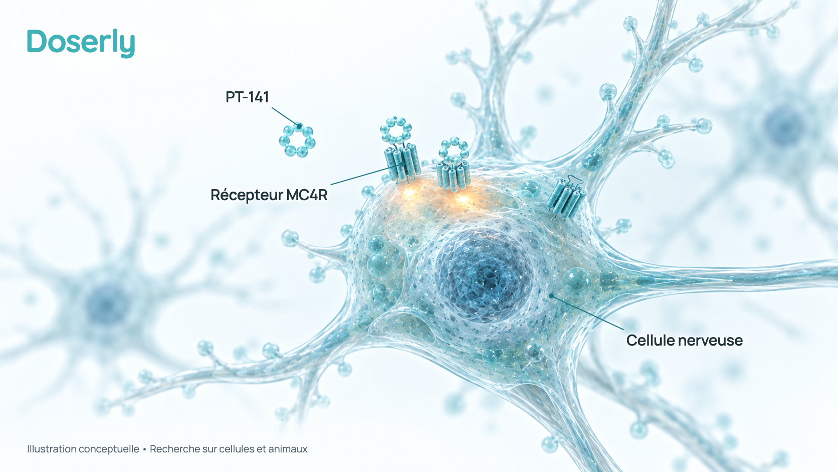 Illustration conceptuelle de molécules de PT-141 en forme d’anneau qui se fixent aux récepteurs MC4R d’une cellule nerveuse du cerveau et l’activent. Elle représente des résultats de laboratoire et chez l’animal, pas un effet mesuré chez l’humain.